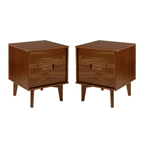 Set Of 2 Mid Century Modern 2 Drawer Walnut Solid Wood Nightstands By