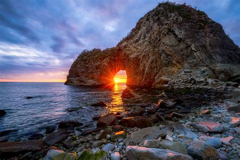 Sangamon Japan Sea Beach Rock Arches Sun Rays Sunset Sky