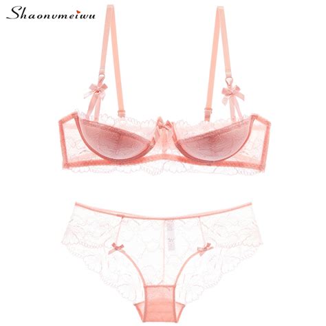 Shaonvmeiwu Sexy Lace Thin Cotton Lingerie Bra Set With Cotton Cushion Inserts Gathers A Large