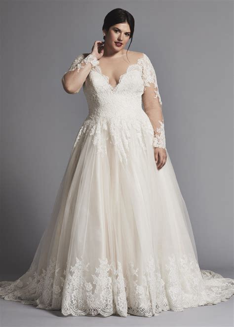 Plus Size A Line V Neck Lace Wedding Dress With Illusion Long Sleeves And T Plus Size Wedding