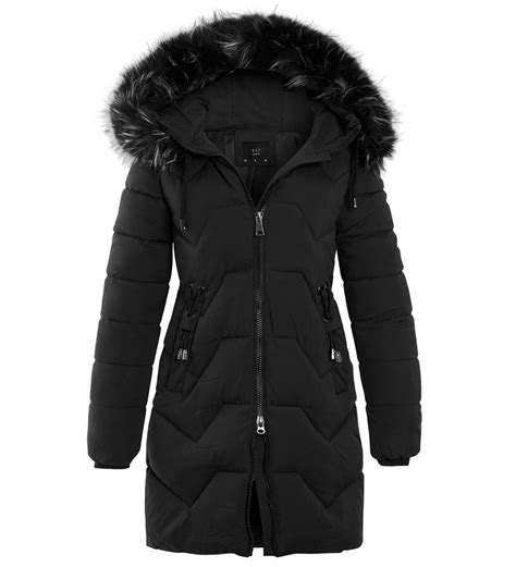 Womens Faux Fur Padded Coat Hooded Parka Black Size 8 10 12 14 Ebay