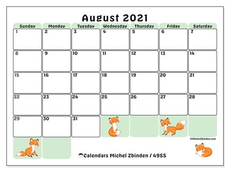 Download free printable 2021 monthly calendar, month calendar 2021. Printable August 2021 "49SS" Calendar - Michel Zbinden EN