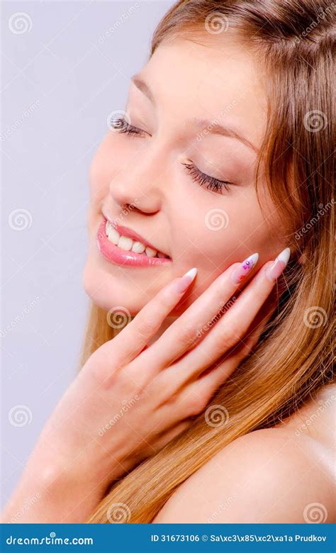 Beautiful Girl With Closed Eyes Touches Her Face Royalty Free Stock