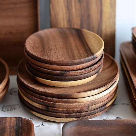2pcs Round Wooden Plates Set High Quality Acacia Wood Cake Dishes