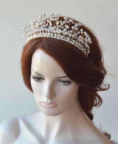 bridal crown wedding gold tiara pearls and crystal tiara etsy bridal crown tiara pearl