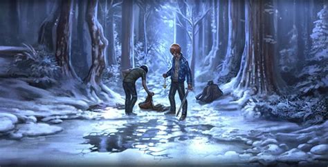 Two People Are Standing In The Middle Of A Snow Covered Forest One Is