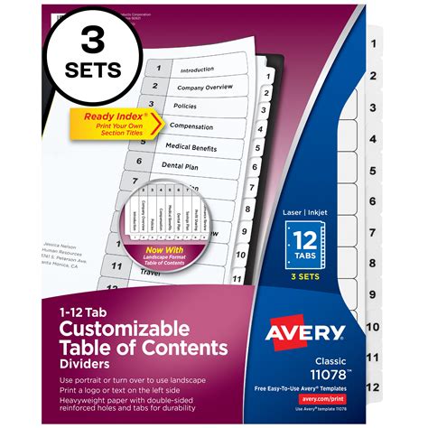 Avery Ready Index 12 Tab Dividers Customizable Toc 3 Sets 11078