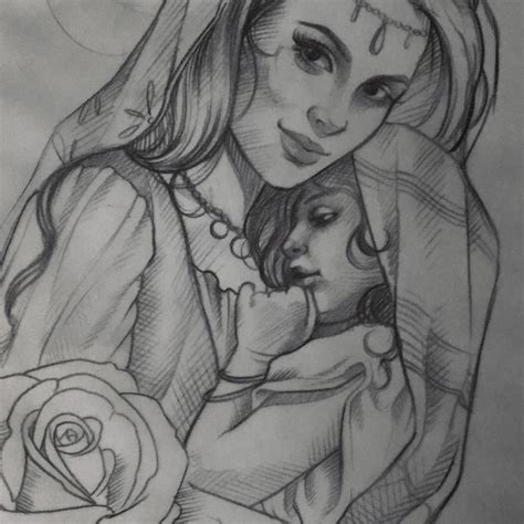 A Drawing Of A Woman Holding A Baby In Her Arms With A Rose On The Side