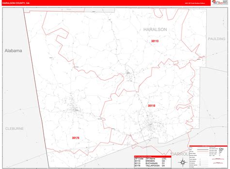 Haralson County, GA Zip Code Wall Map Red Line Style by MarketMAPS