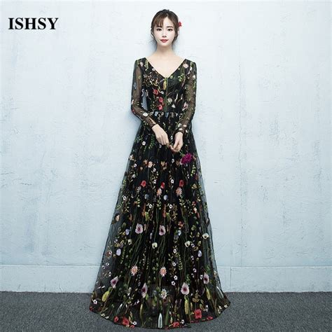 2017 Sexy Black V Neck A Line Floral Printed Evening Dresses With Long