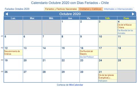 Calendario Octubre 2020 Chile Con Feriados Para Imprimir