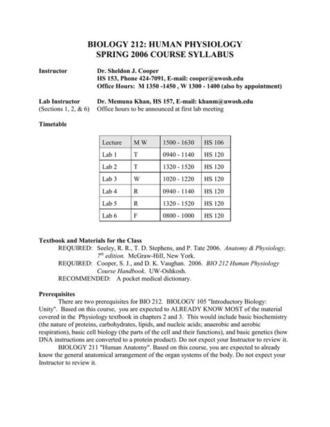 Biology 212 Human Physiology Spring 2006 Course Syllabus