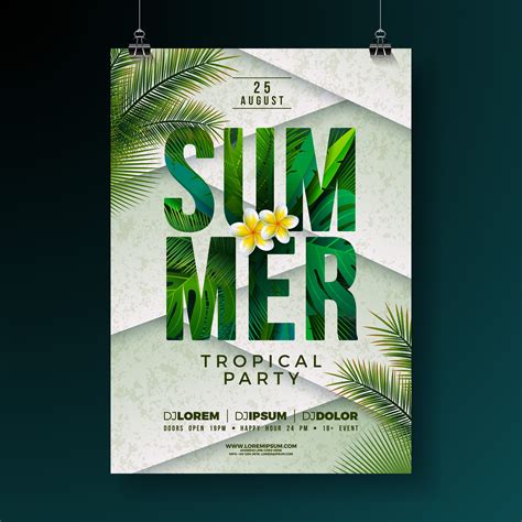 Vector Summer Party Flyer Design With Flower And Tropical Palm Leaves