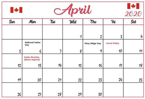 Canada April 2020 Bank Calendar Holiday Calendar Federal Holiday
