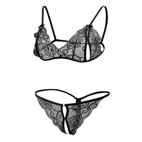 fashion sexy women sheer lace bra panties thong lingerie set nightwear black best price online