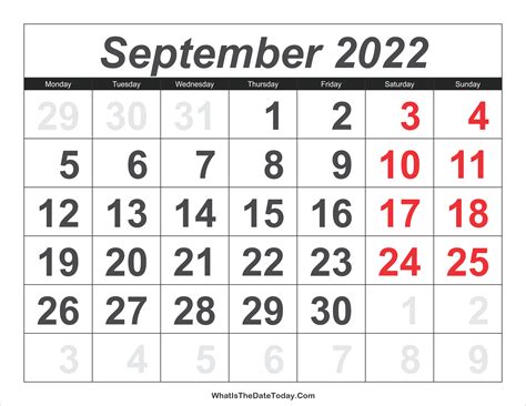 2022 Calendar September With Large Numbers Whatisthedatetodaycom
