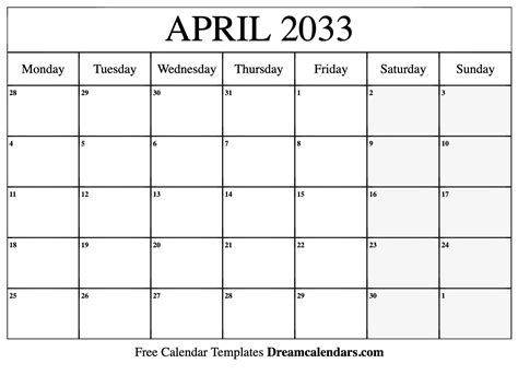 April 2033 Calendar Free Blank Printable Templates