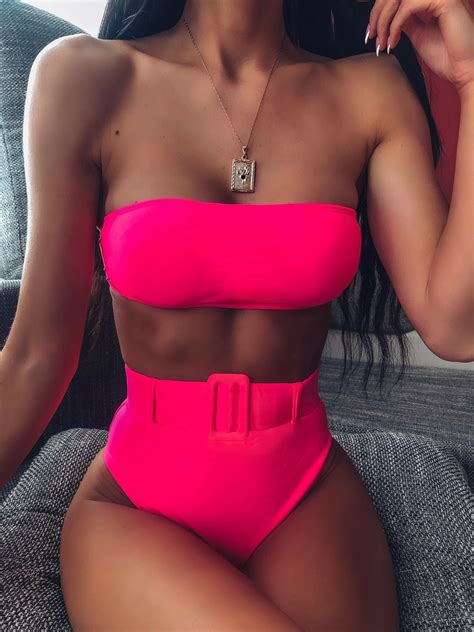 Neon Pink Buckle Belted Bandeau Bikini Swimsuit Shein Usa