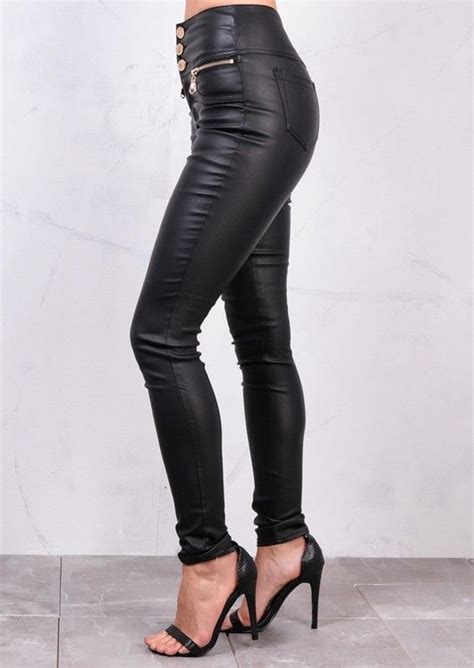 High Waisted Triple Button Jeans Leather Look Trousers Black Leather