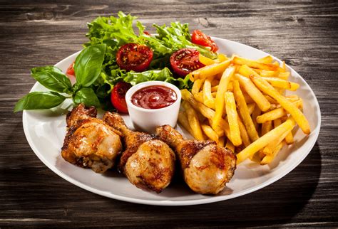 Download French Fries Tomato Meat Chicken Ketchup Plate Food Meal 4k