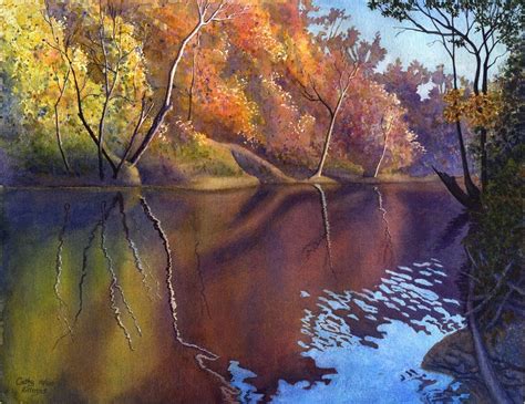 Autumn On Blue River Watercolor Landscape Print Of Original