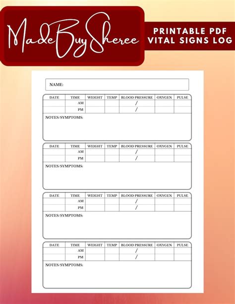 Vital Signs Log Printable Template Includes Weight Etsy