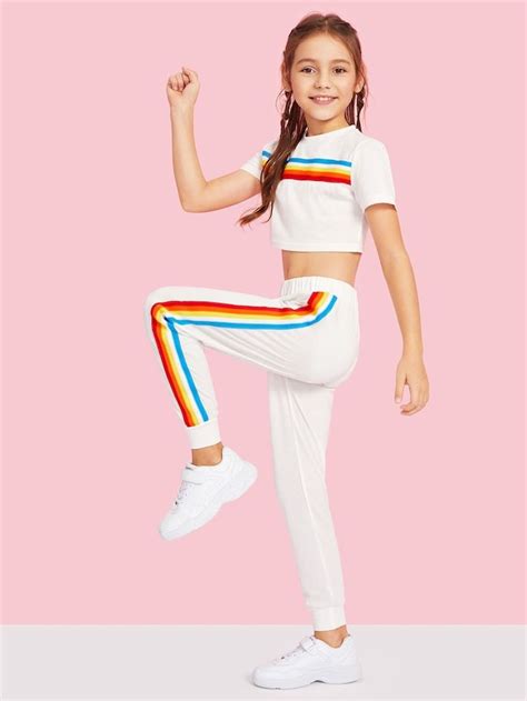 Shein Girls Crop Rainbow Striped Tape Top And Sweattrousers Set Girls