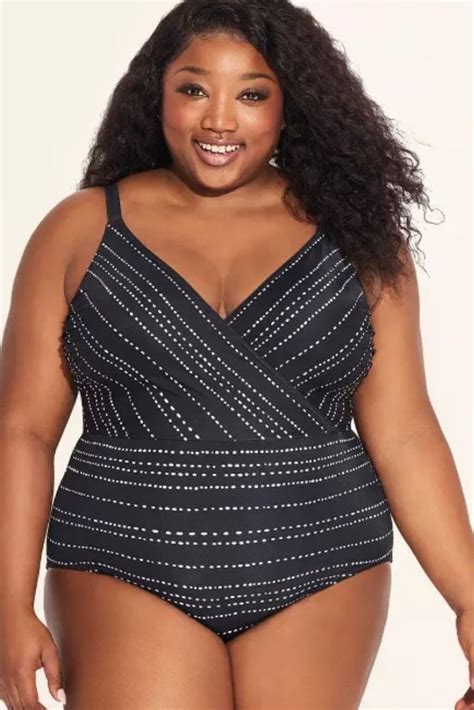 Plus Size Swimwear Slimming Control Wrap One Piece Swimsuit In Flattering Black With White