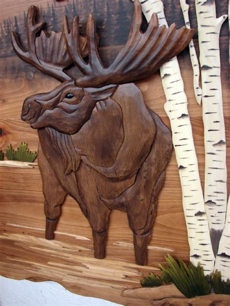 Intarsia Wood Art Bull Moose White Birch Trees Wood Wall Decor Moose