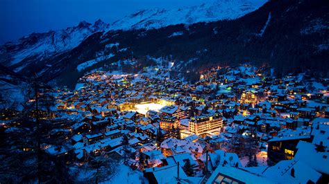 Wallpaper Switzerland Zermatt City Night Alps Winter Houses Snow