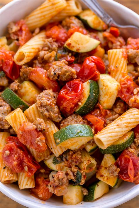 Cook and stir until vegetables are almost tender. Rigatoni with Sausage, Tomatoes, and Zucchini - Baker by ...