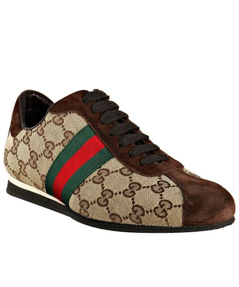 Lyst Gucci Beige Gg Canvas Web Stripe Sneakers In Brown For Men