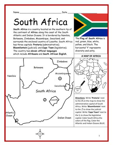 South Africa Introductory Geography Worksheet Teaching Resources