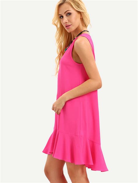 Hot Pink Sleeveless Ruffle Shift Dress Shein Sheinside