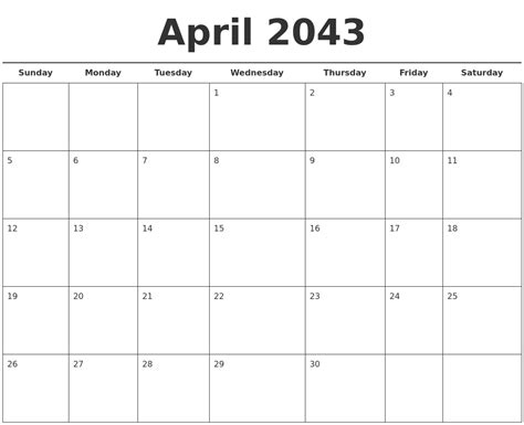 April 2043 Free Calendar Template