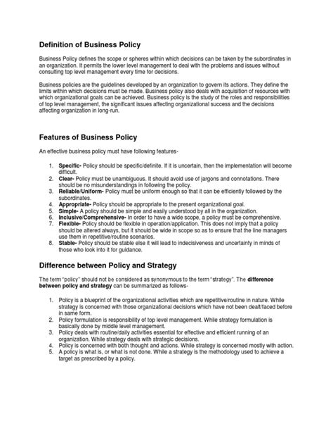 Definition Of Business Policy Between Policy And Strategy Can Be