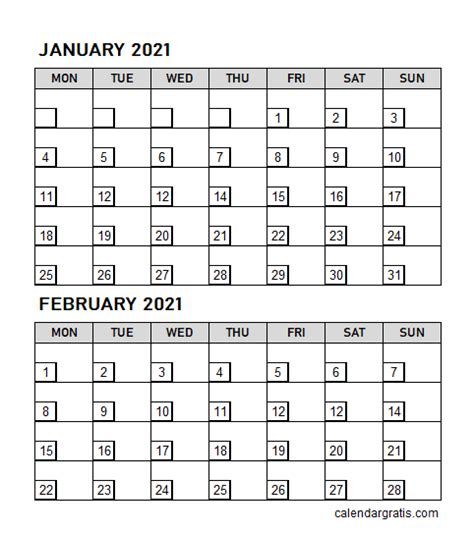 Printable Blank January February 2021 Calendar
