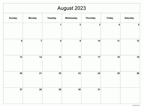 August 2023 Calendar Free Printable Printable Blank World