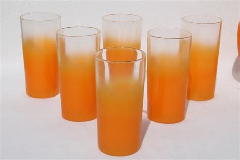 Blendo Orange Fade Frosted Glass Pitcher And Drinking Glasses Vintage