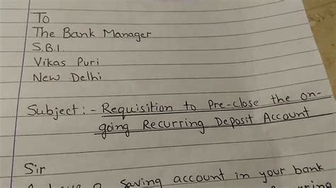 Details of the account are listed, including the account number and the designated signatory during its existence. Letter to bank manager for the requisition(order) to pre-close of RD Account | - YouTube