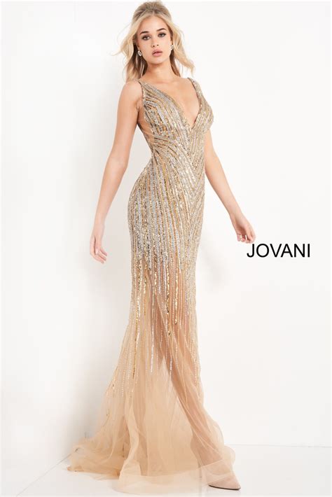 Jovani 1162 Nude Embellished V Neck Prom Dress