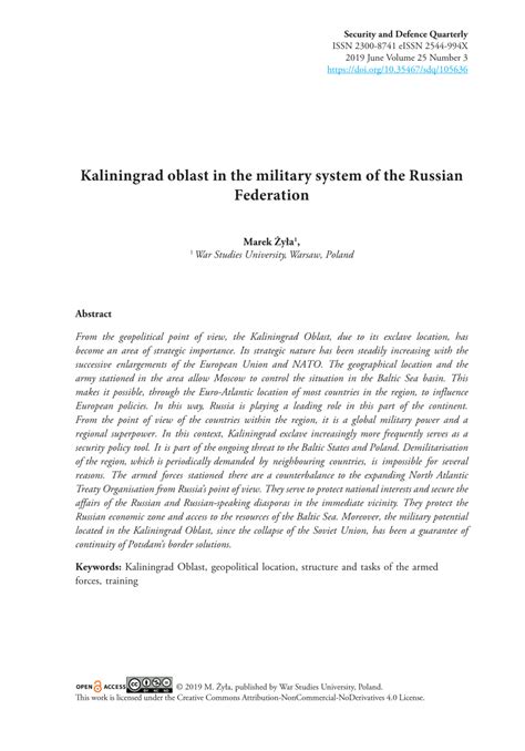 Pdf Kaliningrad Oblast In The Military System Of The Russian Federation