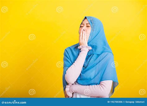 Asian Muslim Arab Woman Islam Wear Hijab She Sleepy Yawning Wide Open