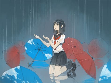Original Rain School Uniform Tko Artist Umbrella Water Wet Konachan