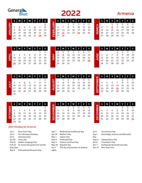 2022 Armenia Calendar With Holidays