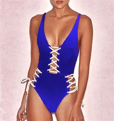 Sexy Blue Black Solid Straps Swimwear Deep V New One Piece Bandage