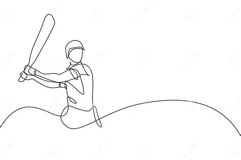 One Single Line Drawing Of Young Energetic Man Cricket Player Stance At