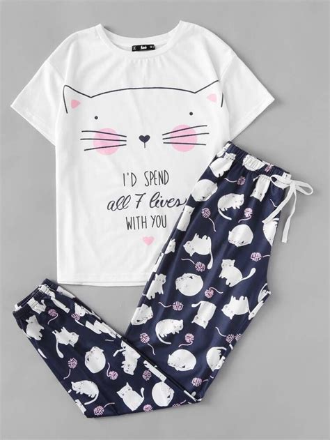 Cat Graphic Tee And Pants Pajama Set Shein Cute Sleepwear Pajamas