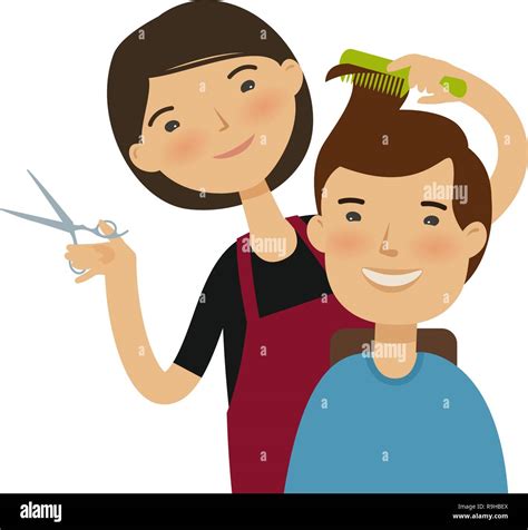 hairstylist cutting hair men s hairstyle beauty saloon concept funny cartoon vector