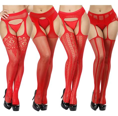 Red Fishnet Stockings Tights Sexy Suspender Pantyhose For Women Thigh